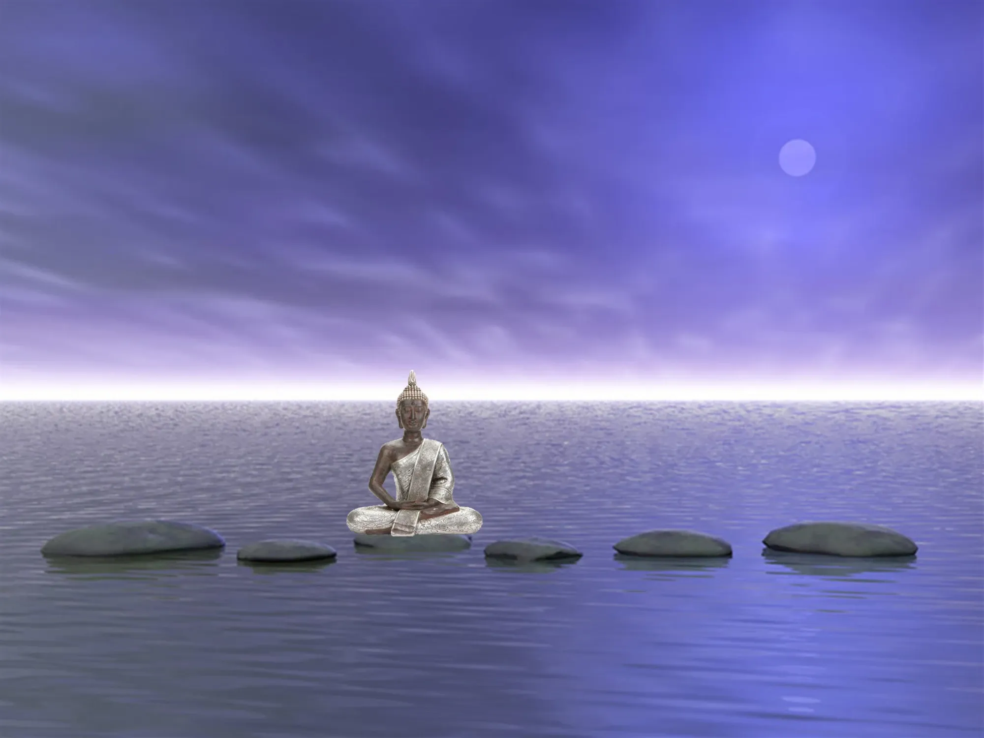 Bouddha en méditation sur des pierres au-dessus de l’eau